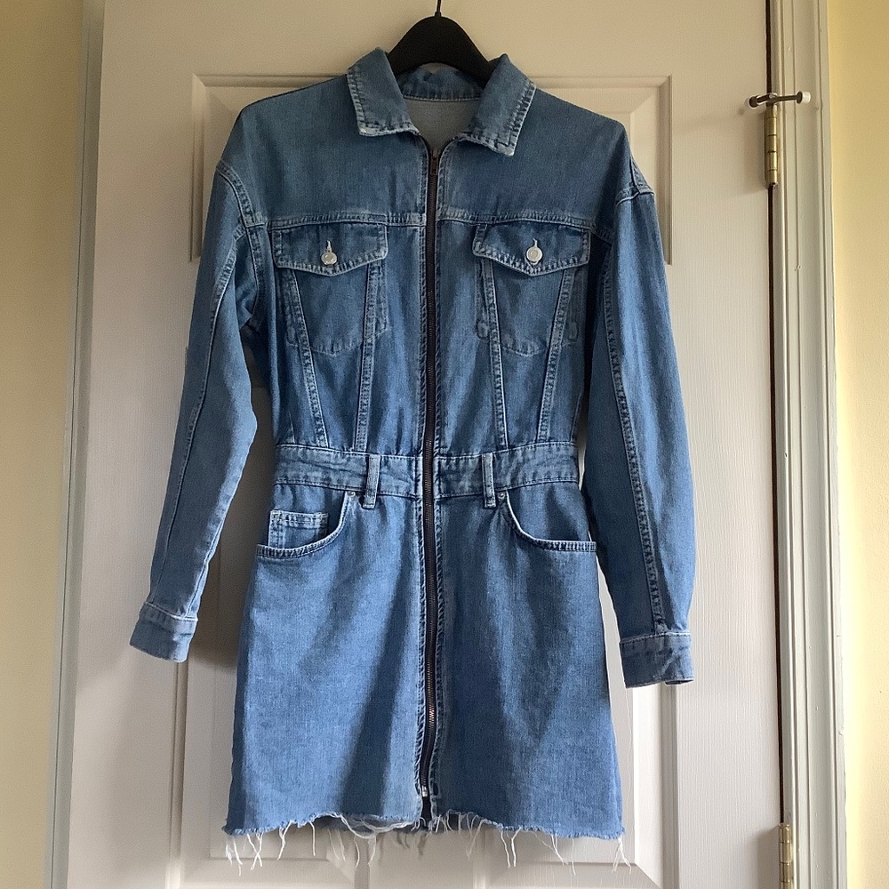 Bershka Denim Long Sleeve Zip Up Dress Light Blue SZ S